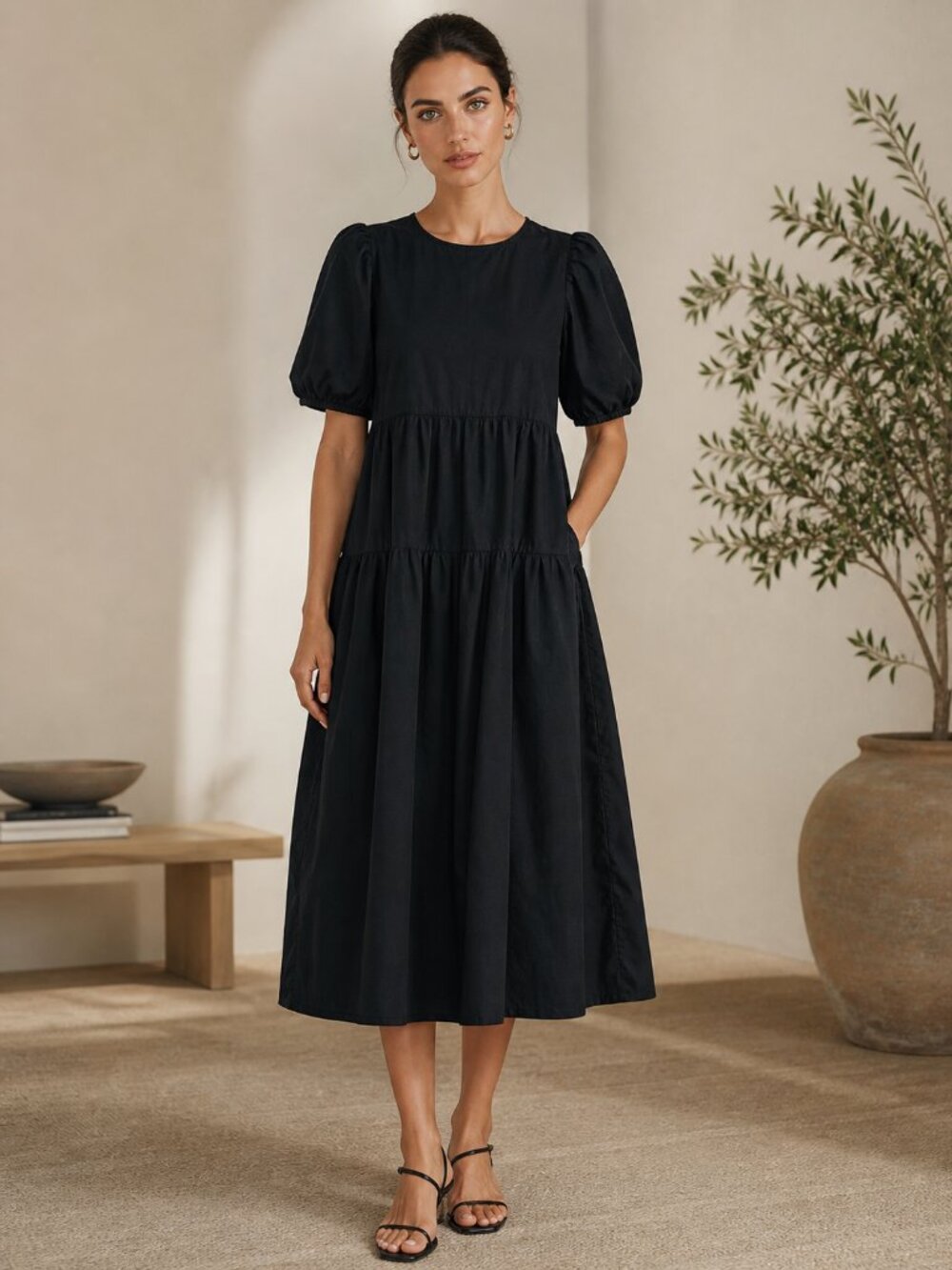 Old Navy Black 100% Cotton Puff Sleeve Tiered Midi Dress Short Sleeve S